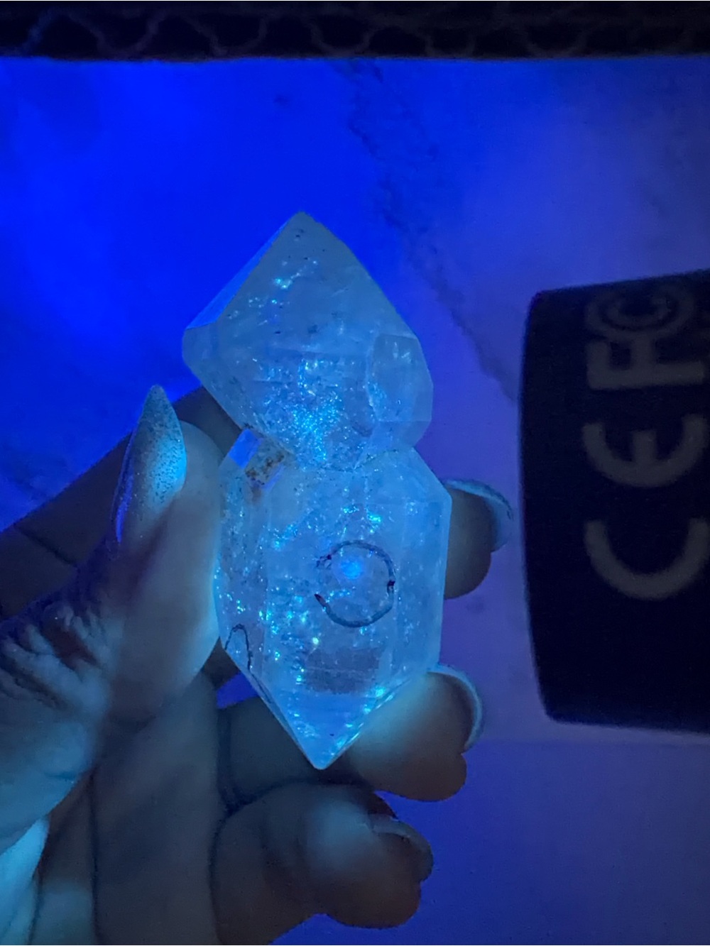 Blue & Green UV Reactive Enhydro Quartz Crystal, Carbon Inclusion Quartz,A601
